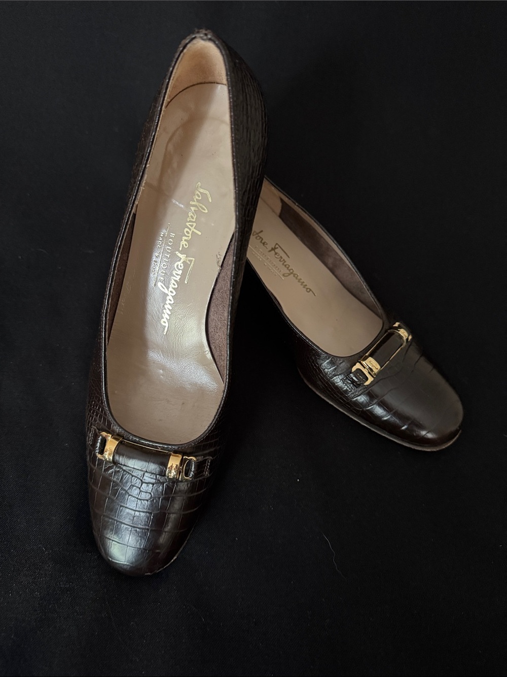 80’s Salvatore Ferragamo Dark Brown Croc-Embossed Flats with Gold Hardware